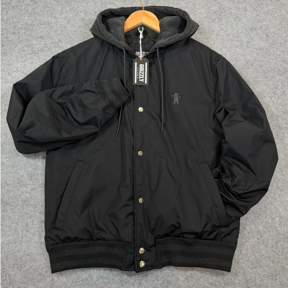 Grizzly Griptape Hooded Bomber Jacket Mens S Black Varsity Windbreaker New NWT